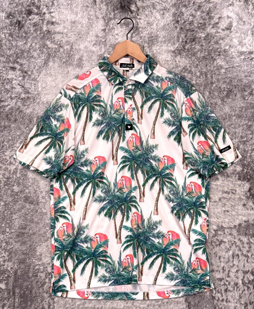 Bad Birdie Polo Shirt Medium Mens Parrot Tropical Print Short Sleeve Performance